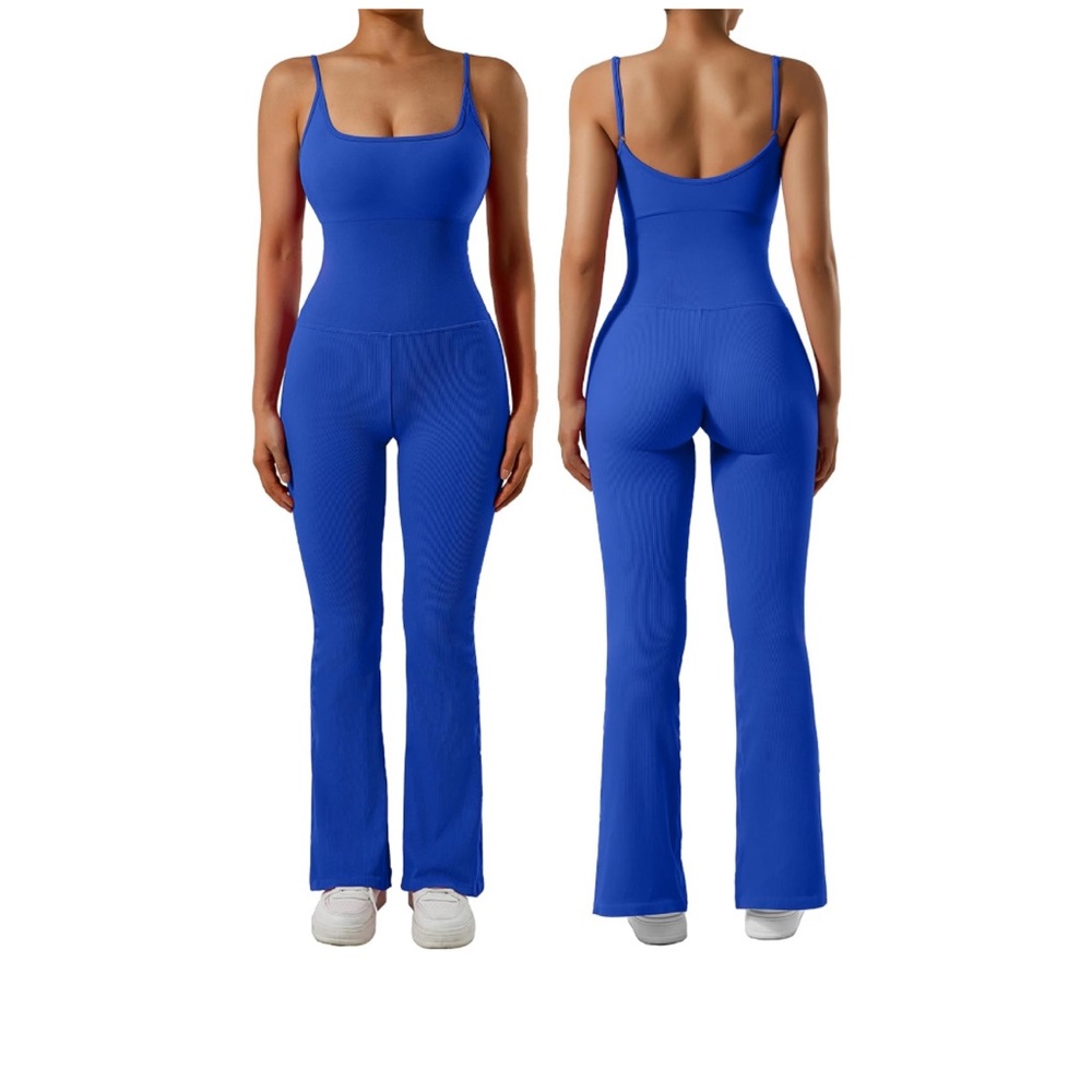 Bright blue athletic flare jumpsuit